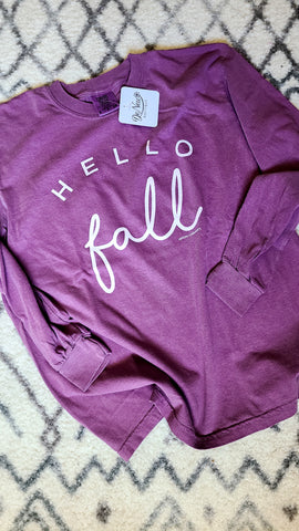 Hello Fall Long-Sleeve Comfort Color Graphic Tee in Berry