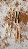 Gold bar earrings inlaid with faux leather in black, leopard, tan, silver/black